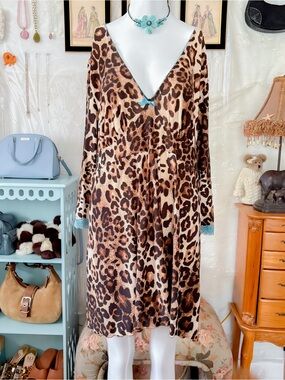 Vintage Y2K girly empire waist animal print leopard blue lace trim dress